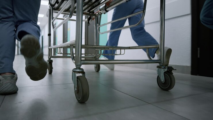 Doctors feet running down hospital corridor. Medical team moving gurney.