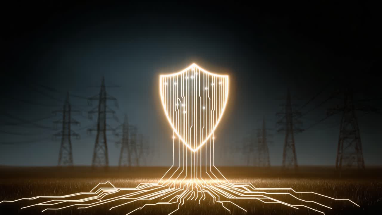 Illuminated Shield Symbolizing Cybersecurity and Protection Against Digital Threats Surrounded by Power Lines in a Dark, Futuristic Landscape