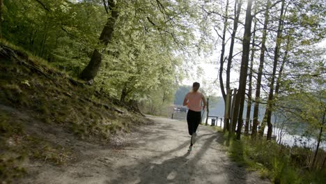 Läufer,-Der-An-Einem-Sonnigen-Tag-Durch-Bäume-In-Wäldern-In-Der-Nähe-Des-Sees-Läuft