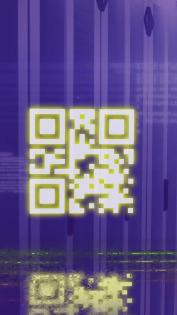 Animation of data processing and qr code over computer servers