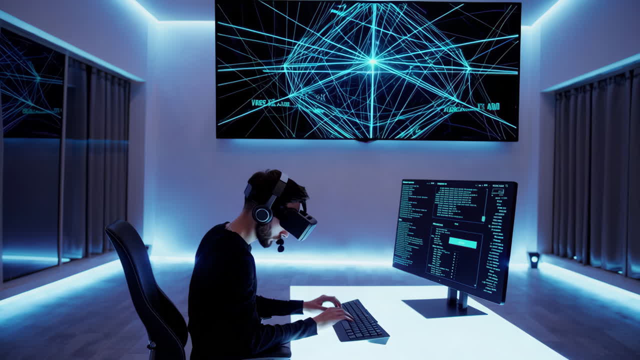 Man in VR Headset Working on Computer in Modern Workspace