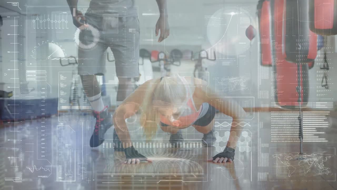 체육관에서 아프리카계 미국인 코치와 함께 백인 여성 권투 선수에 대한 데이터 처리 애니메이션