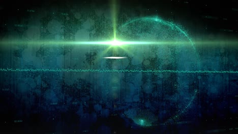 composition of green light trail processing over glowing globe