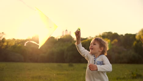 El-Niño-Lanza-Una-Cometa.-Día-De-Verano.-Sunny.el-Chico-Con-Una-Camiseta-Gris-Y-Una-Cometa.-Un-Chico-De-Apariencia-Europea-En-El-Campo.-Nubes-Cielo-Verano.-Brillante