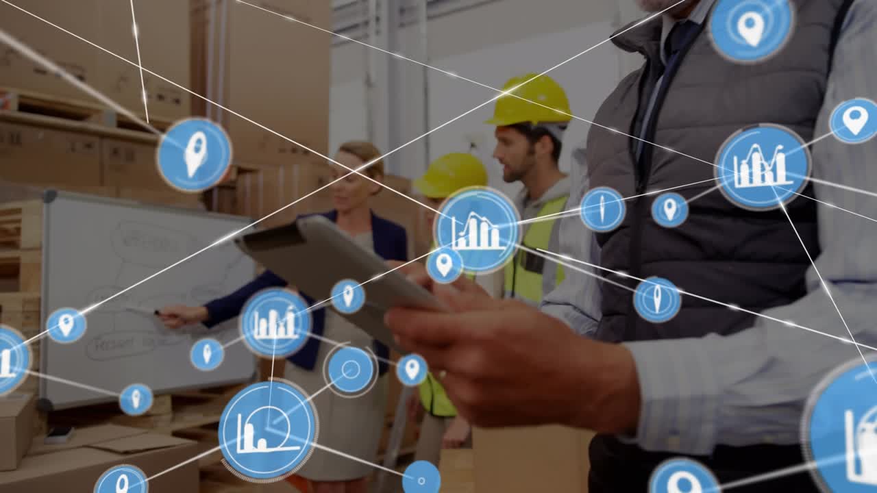 Animazione di una rete di connessioni su diversi lavoratori in un magazzino