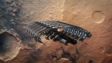 una nave espacial futurista partiendo del muelle espacial en la órbita de marte, el planeta rojo.