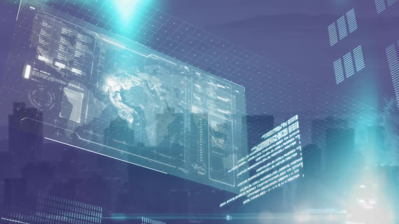 도시 풍경 위의 디지털 인터페이스의 애니메이션