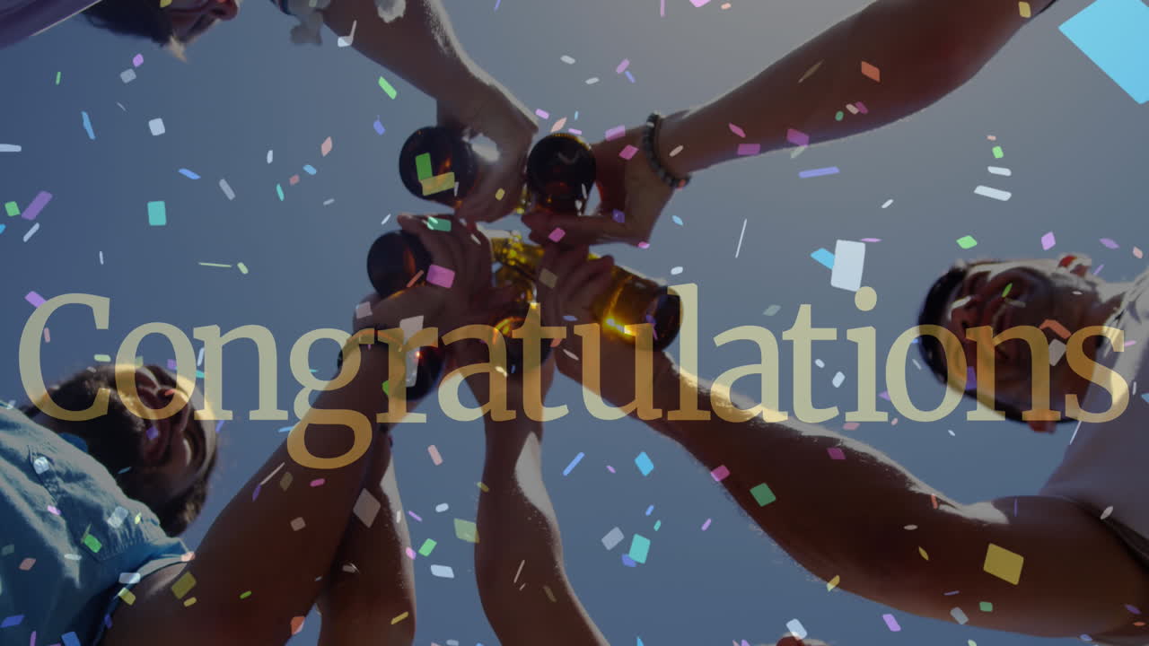 Animation of congratulation text and confetti over friends having fun making toast