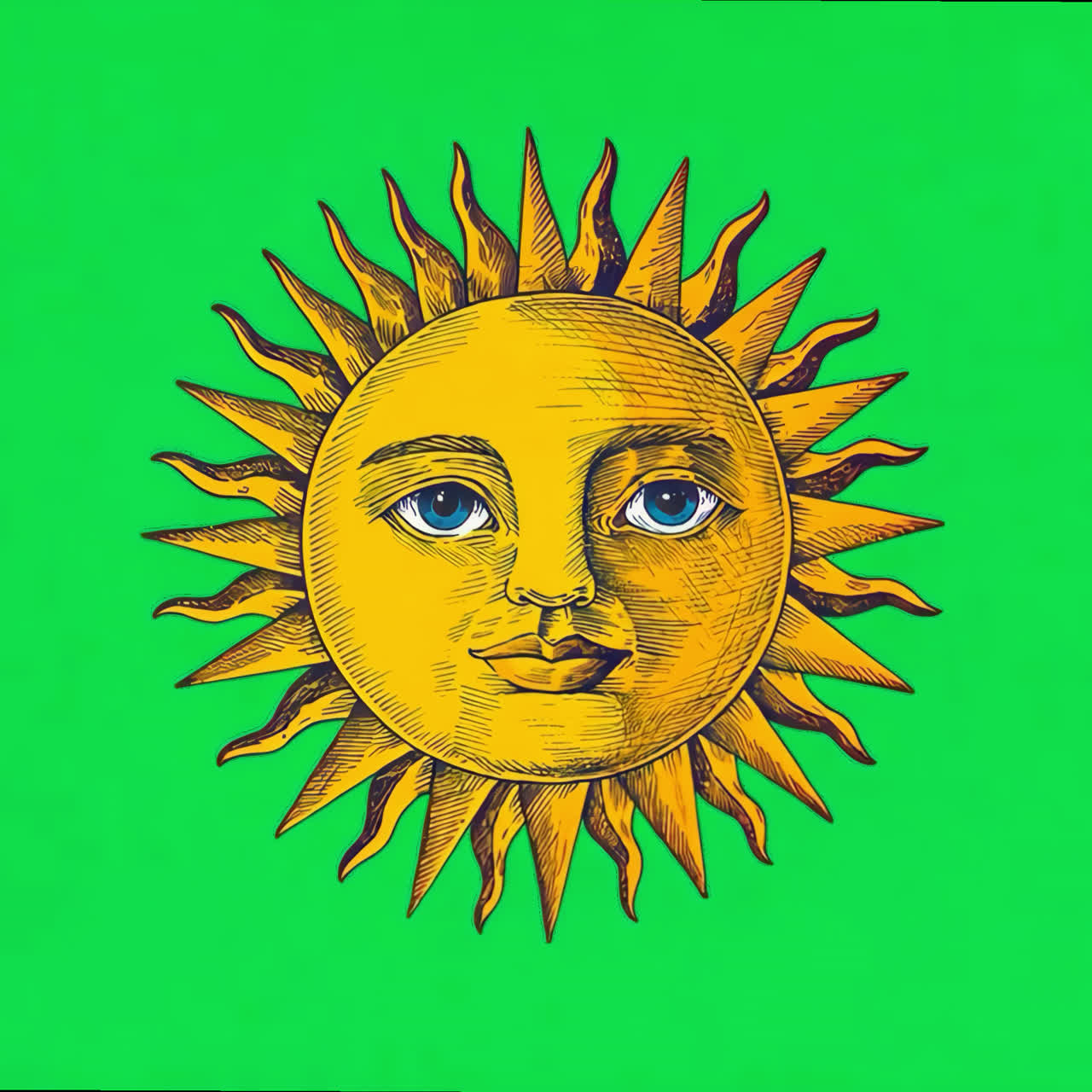 Animação de ilustração de sol vintage isolada, vídeo transparente em 4K, canal alfa, ProRes 4444