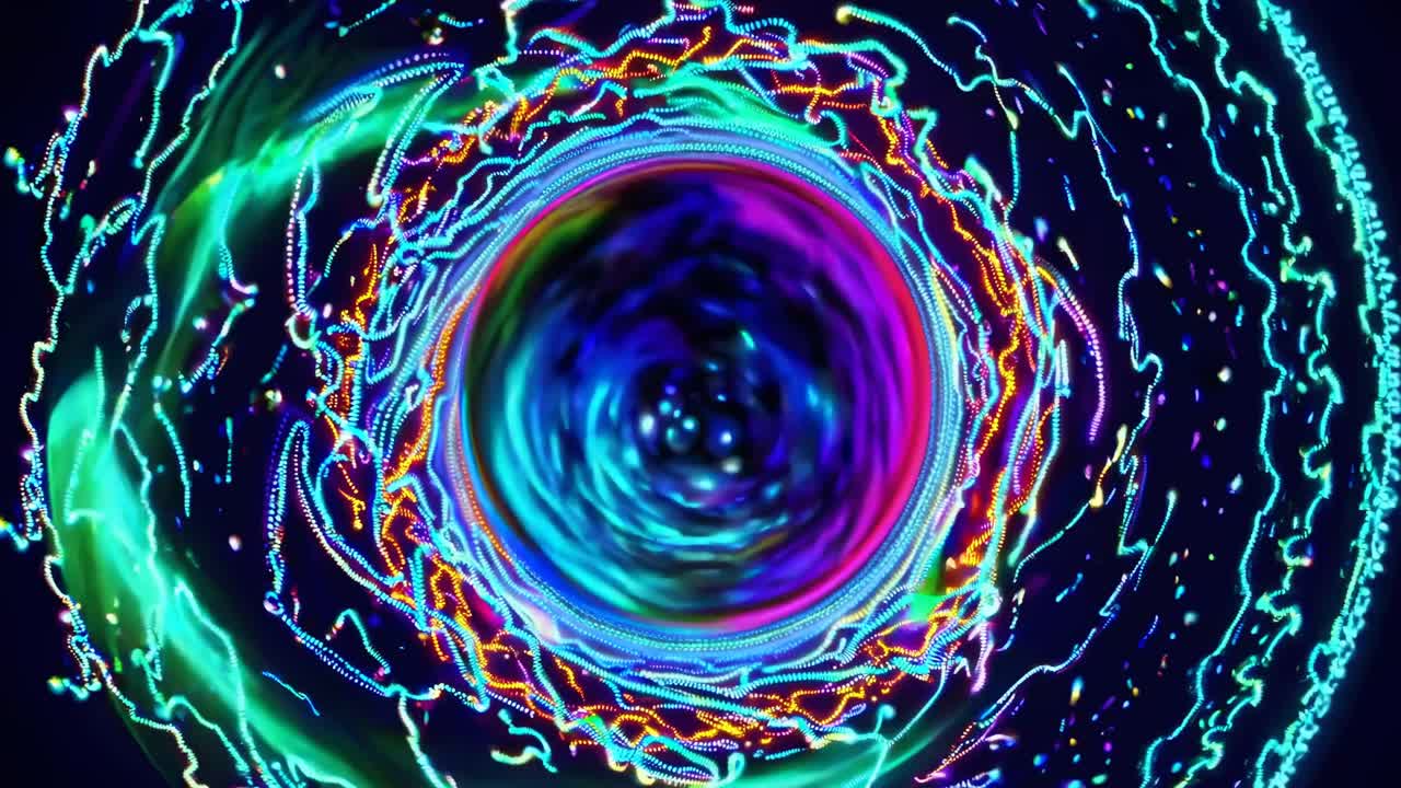 Abstract video art with a swirling vortex of neon lights