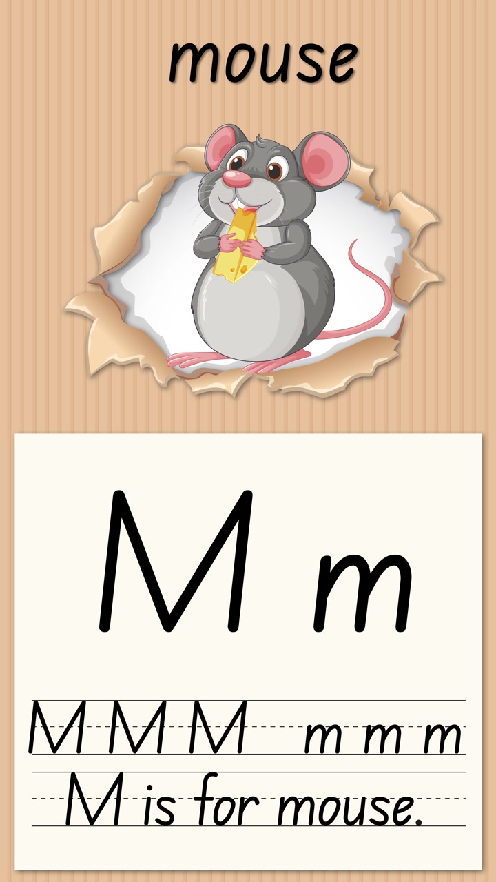 Vertical educational animation teaches writing letter M using a cartoon mouse eating yellow cheese
