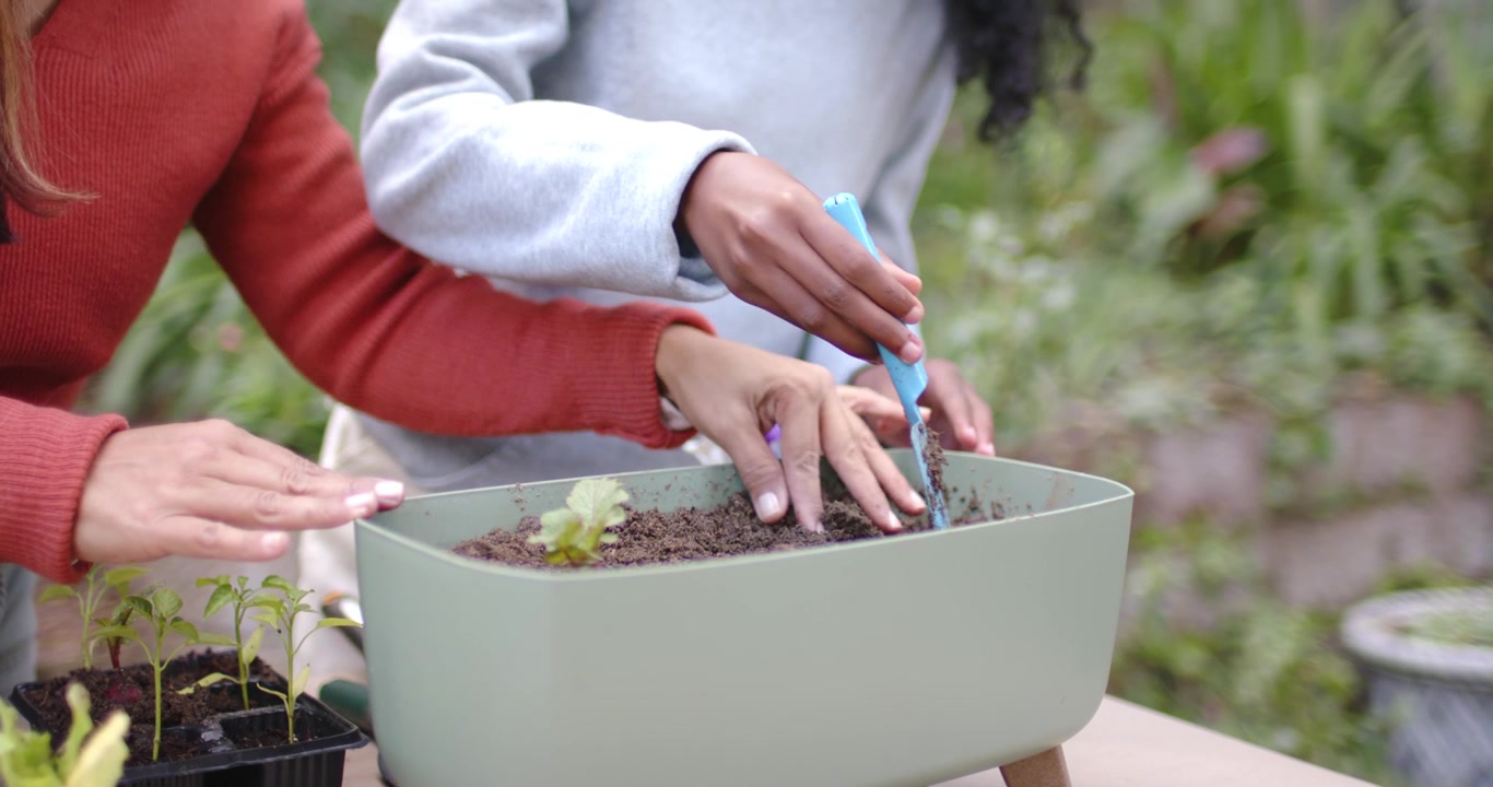 African American woman guiding child digging soil with blue trowel, planting seedlings in backyard