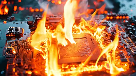 a computer motherboard on fire with a cpu on top of it