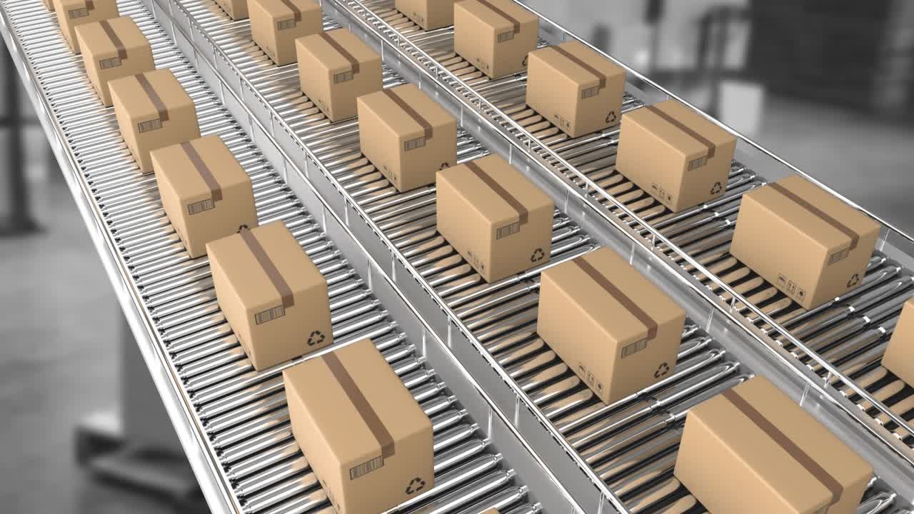 Animation of boxes on conveyor belt in warehouse