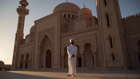 muslim man in traditional attire standing with clasped hands near mosque during golden sunset, reflecting spiritual serenity and religious devotion
