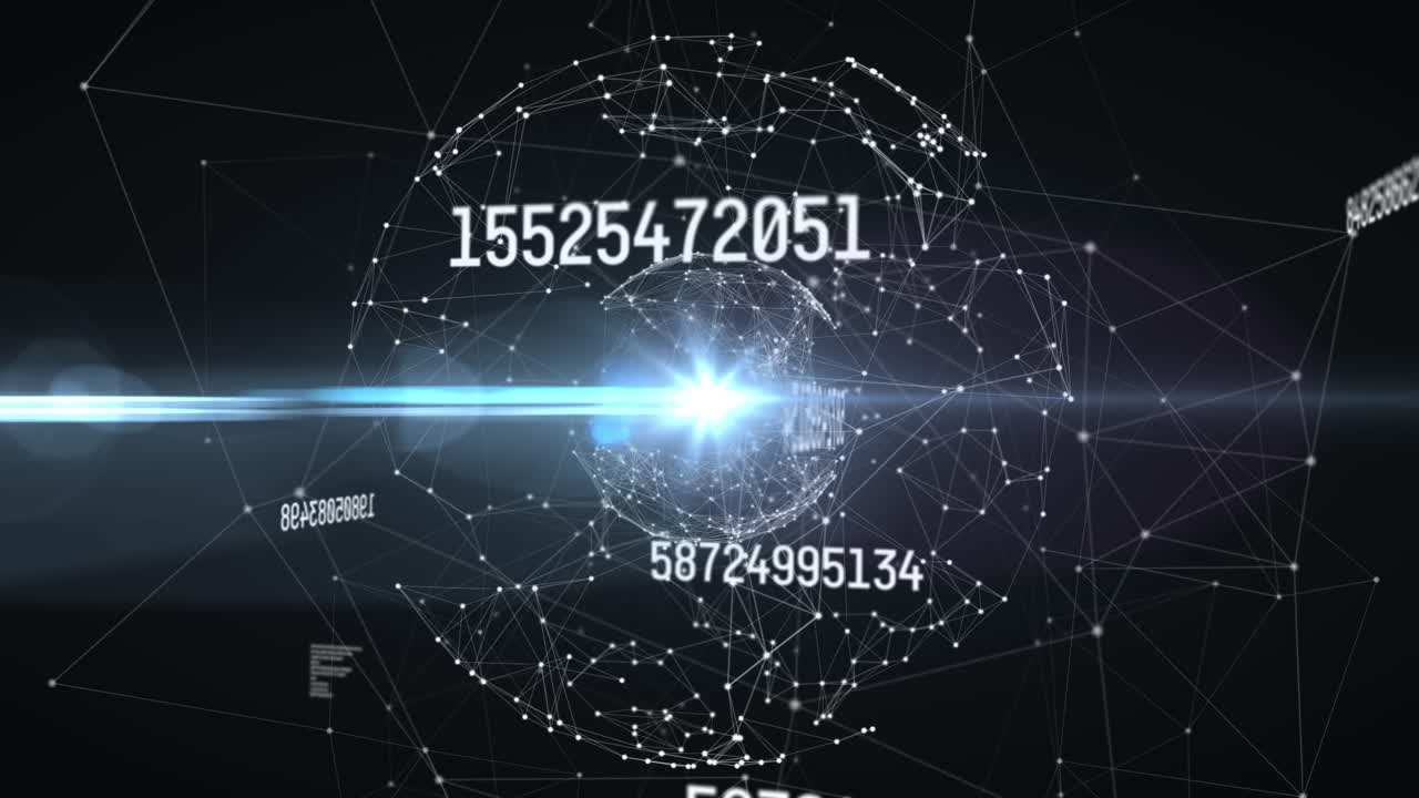 Animation of globe of network of connections with numbers and data processing