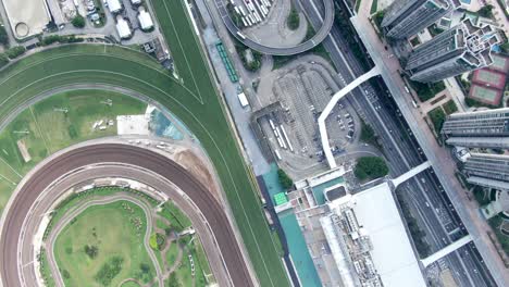 Aerial-view-of-Sha-Tin-Racecourse,-one-of-two-Horse-racing-facilities-in-Hong-Kong