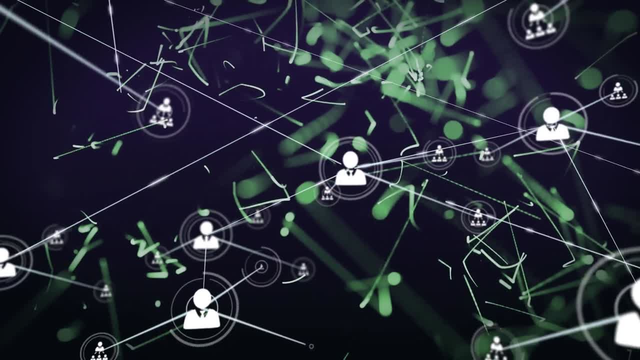 Animation of network of connections with icons and lines on black background