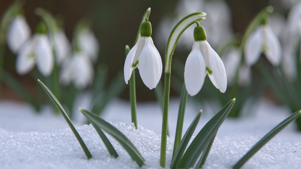 Close-up video of snowdrops emerging through snow, captured at a low angle