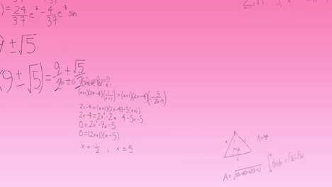 Animation-of-mathematical-equations-and-diagrams-against-pink-gradient-background