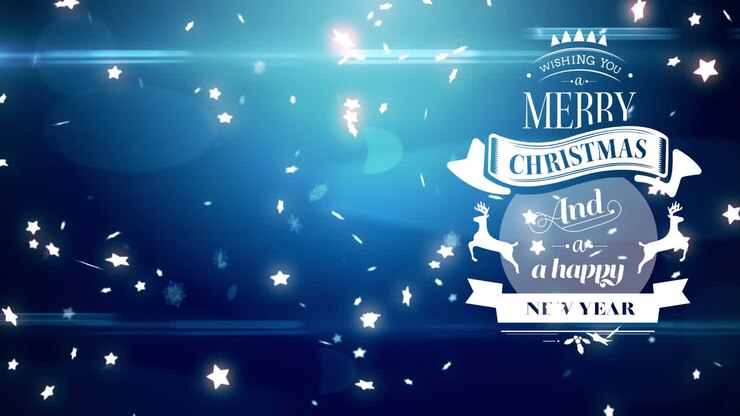 Animation of christmas greetings and stars falling over blue background