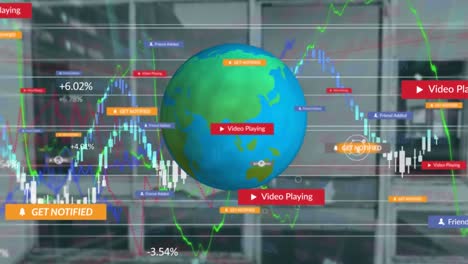 Animation-of-media-icons-and-data-processing-over-globe-and-office