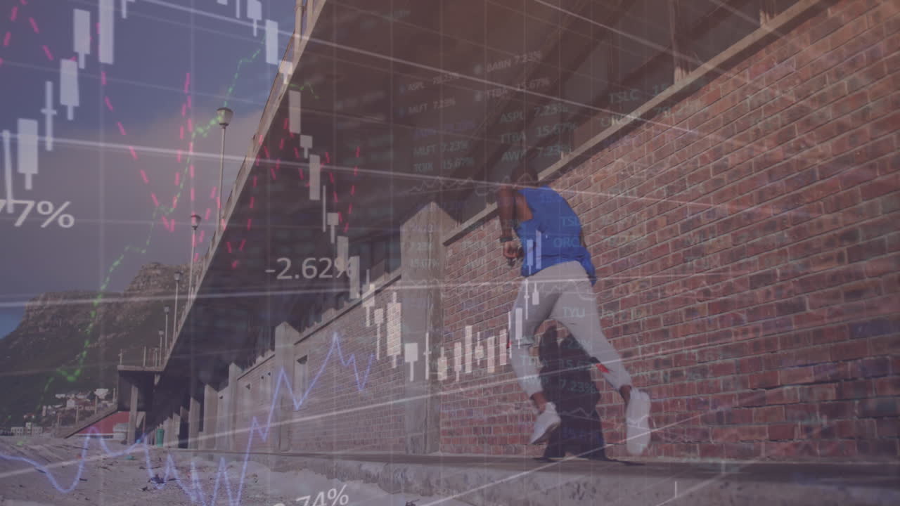 Animation of data processing over african american man running outdoors