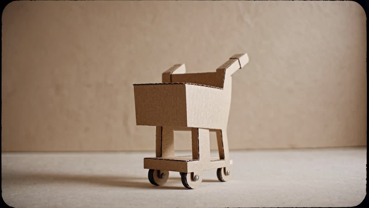 Small cardboard shopping cart stands on a beige background, creating a minimalist aesthetic, possibly symbolizing consumerism, simplicity, or essential purchases