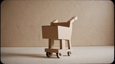 pequeño carrito de compras de cartón se encuentra en un fondo beige, creando una estética minimalista, posiblemente simbolizando el consumismo, la simplicidad o las compras esenciales