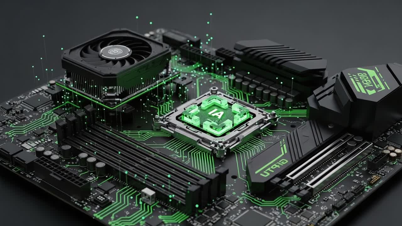 A Stunning Close-Up of a High-Tech Motherboard Featuring an Advanced Cooling System and Vibrant Green Highlights, Showcasing Cutting-Edge Technology in Computer Hardware