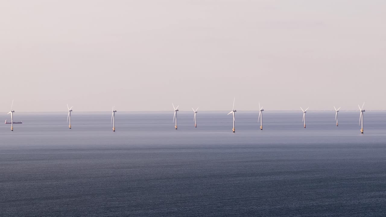 Whitstable wind farm on calm sea, renewables and serenity