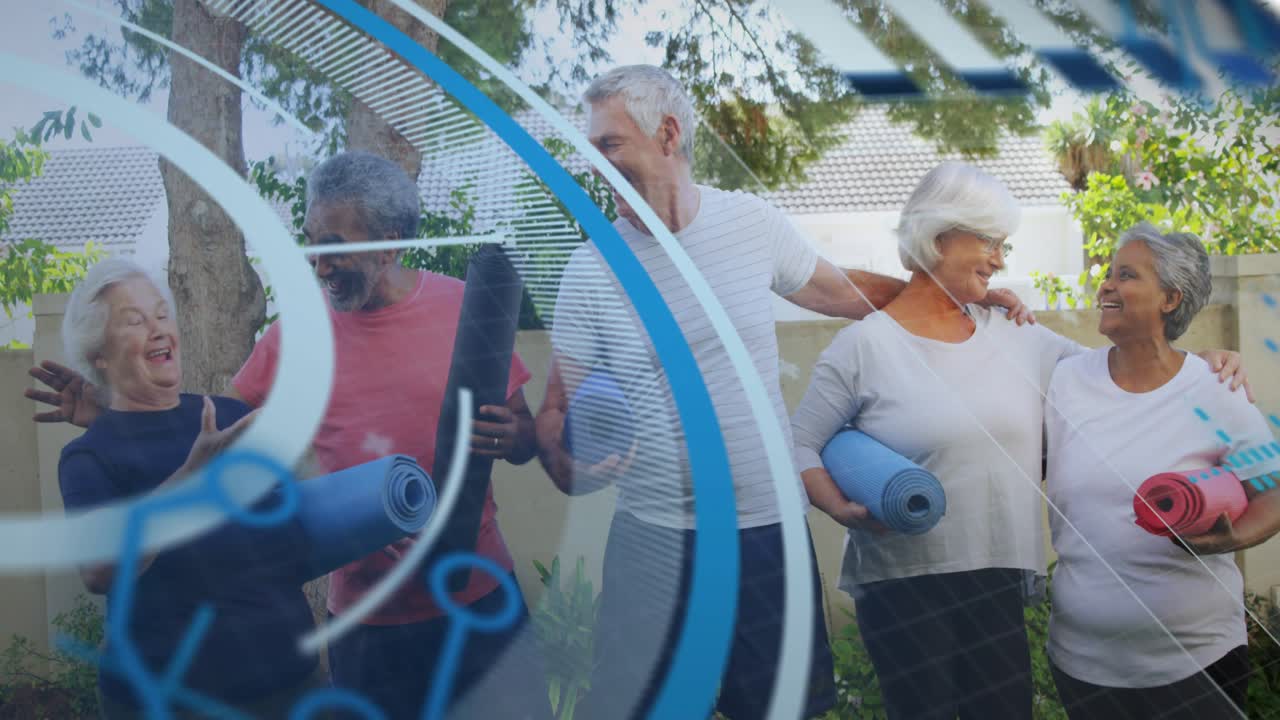 Five seniors standing in yard, blue circles sweeping, revealing mats and phone, preparing yoga