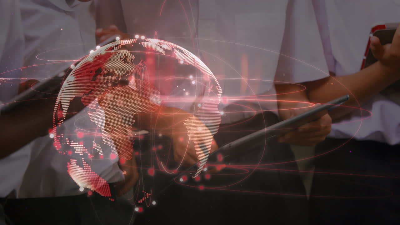 animación de la red de conexiones con el mundo a través de niños en edad escolar que utilizan tabletas
