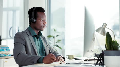 Call-center,-writing-and-black-man-consultant
