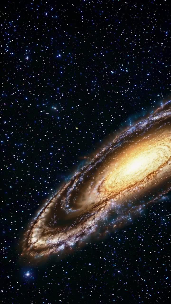 Un video affascinante di una galassia a spirale ripreso da un'angolazione inclinata, che mostra stelle luminose.