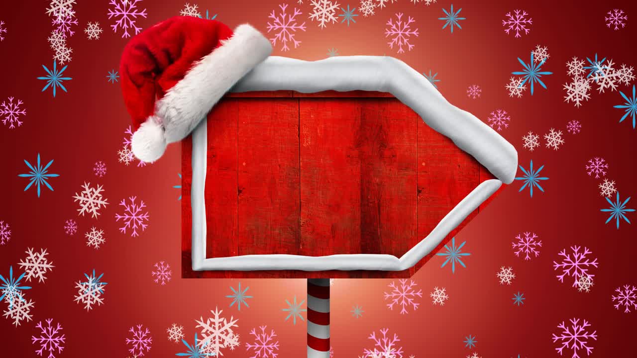 animación de copos de nieve que caen sobre un cartel de madera en blanco con espacio para copiar