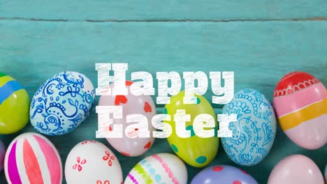 Animation-of-happy-easter-text-over-decorated-easter-eggs-on-blue-background