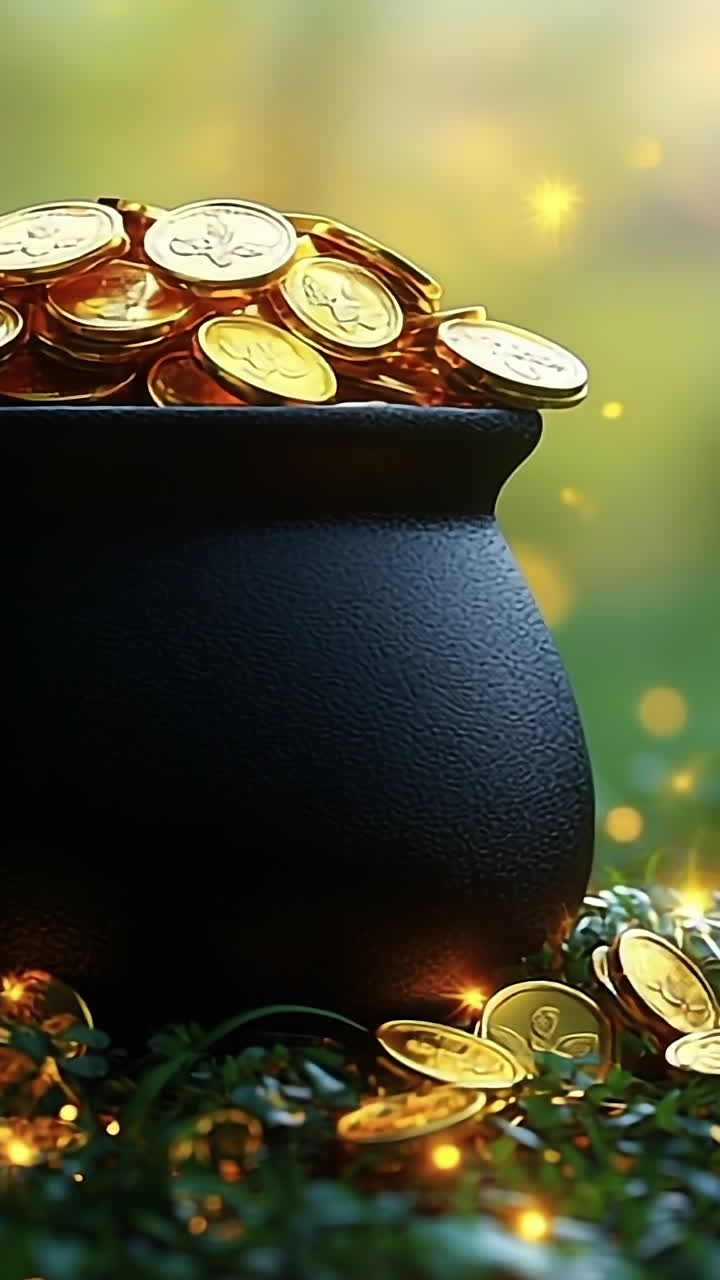 Coins spilling from a pot. A dark pot spills over with shiny gold coins, surrounded by a lush green landscape and sparkling lights.
