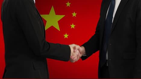 animation of two caucasian businessmen shaking hands over flag of china