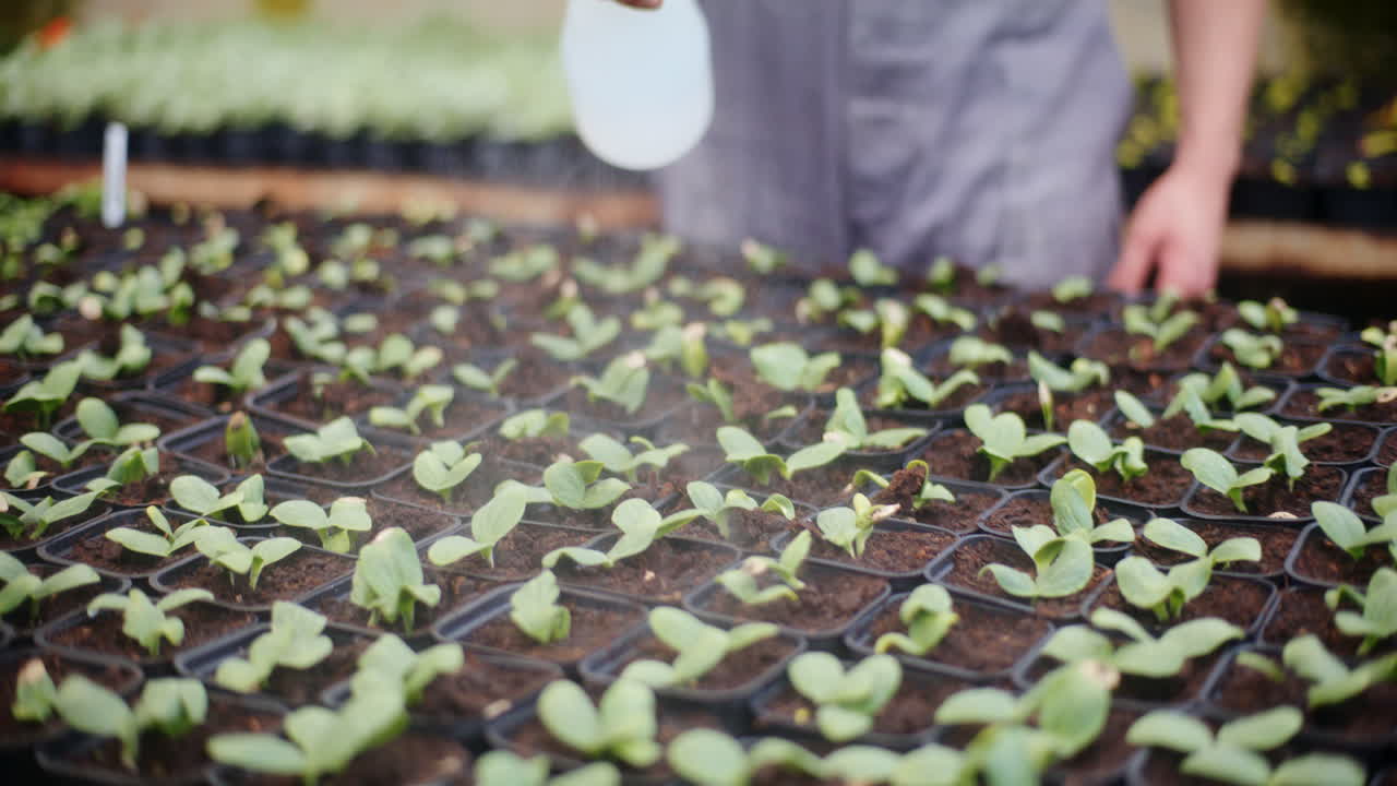 el agricultor rociando agua en los árboles pequeños