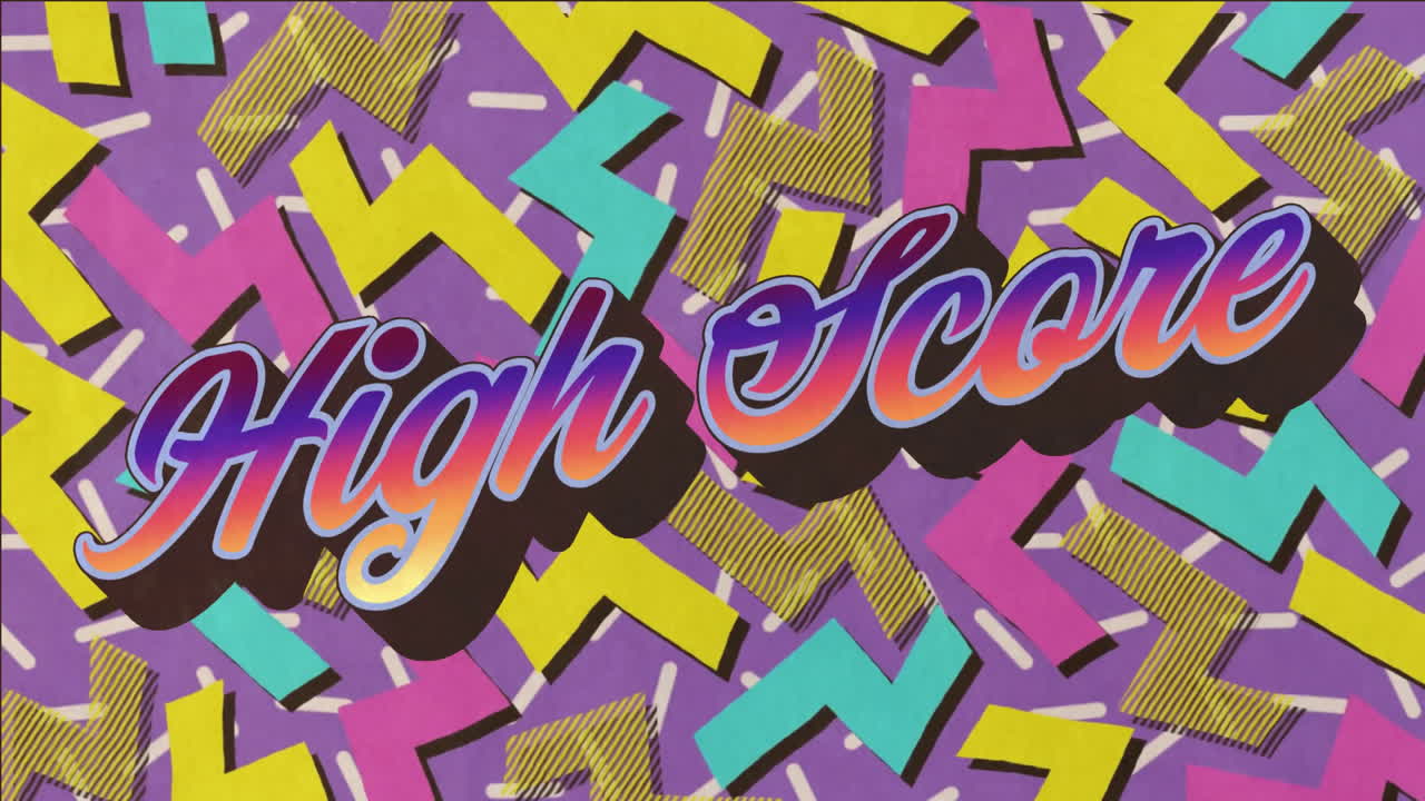 다채로운 기하학적 배경 위에 높은 점수 텍스트 애니메이션