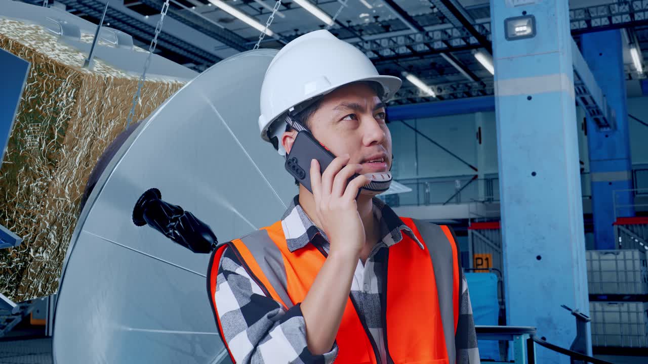 공장에서 위성 접시 근처에서 전화로 이야기하는 엔지니어