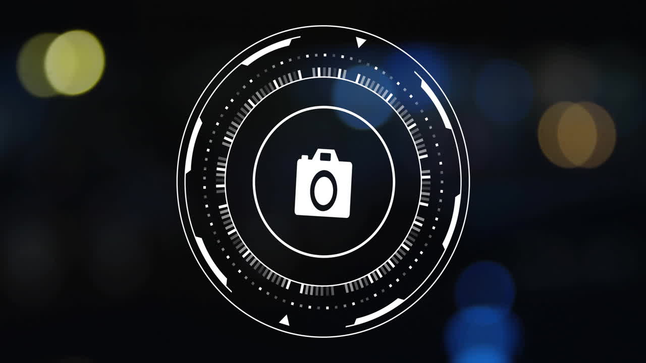 animación del alcance y el icono de la cámara con procesamiento de datos sobre fondo negro