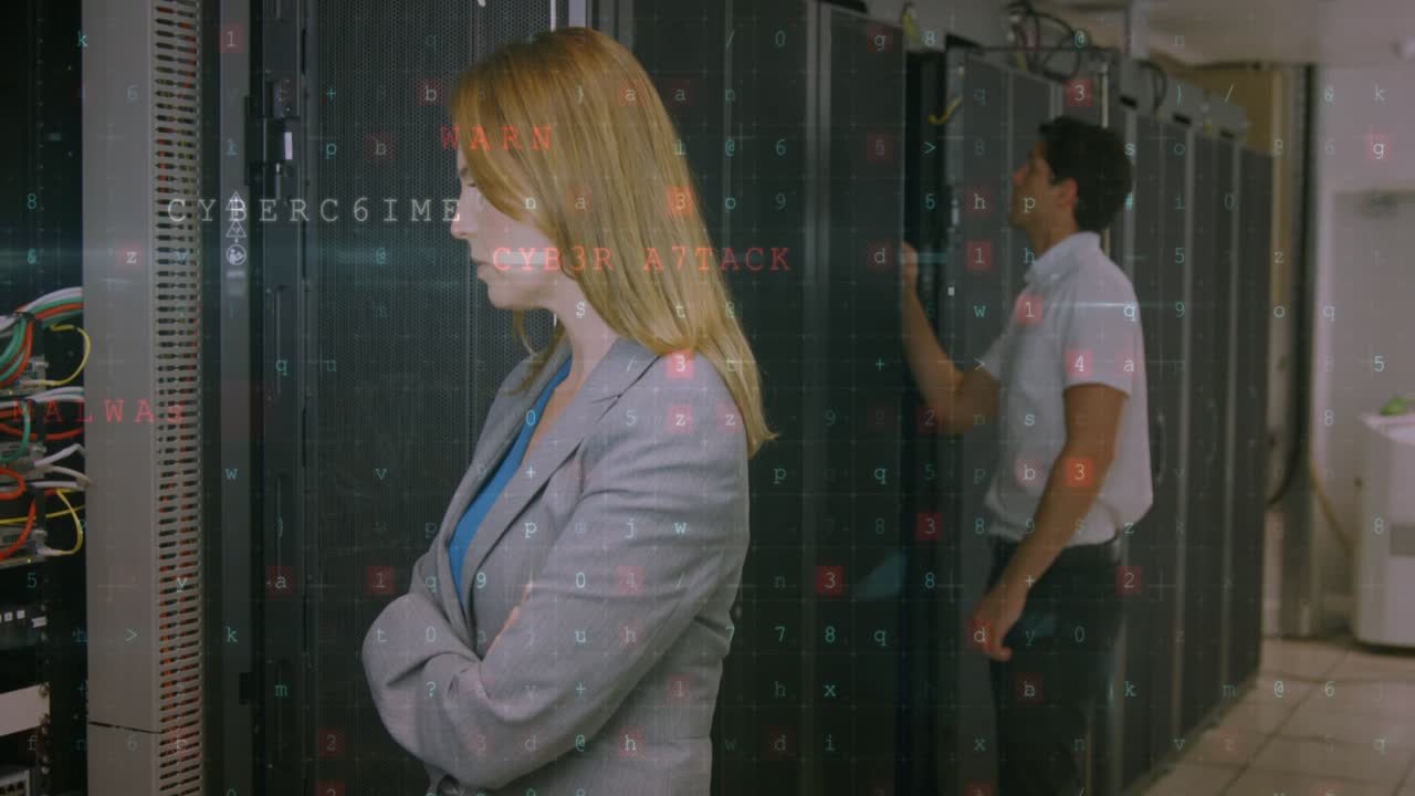 Cyber security data processing over caucasian female engineer working at computer server room