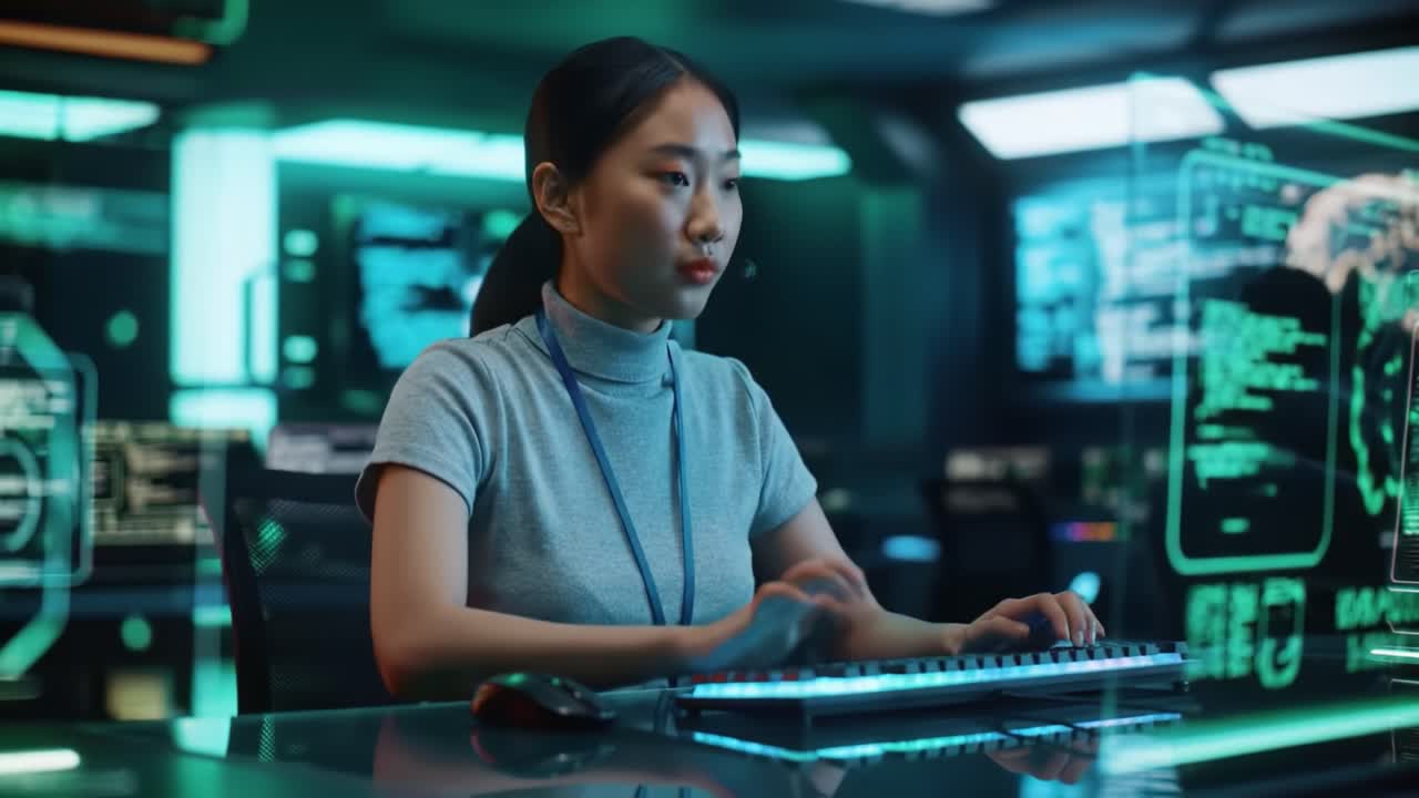 Focused Female Operator Engaged in High-Tech Digital Interface Interaction in a Futuristic Control Room, Analyzing Data and Managing Information Systems