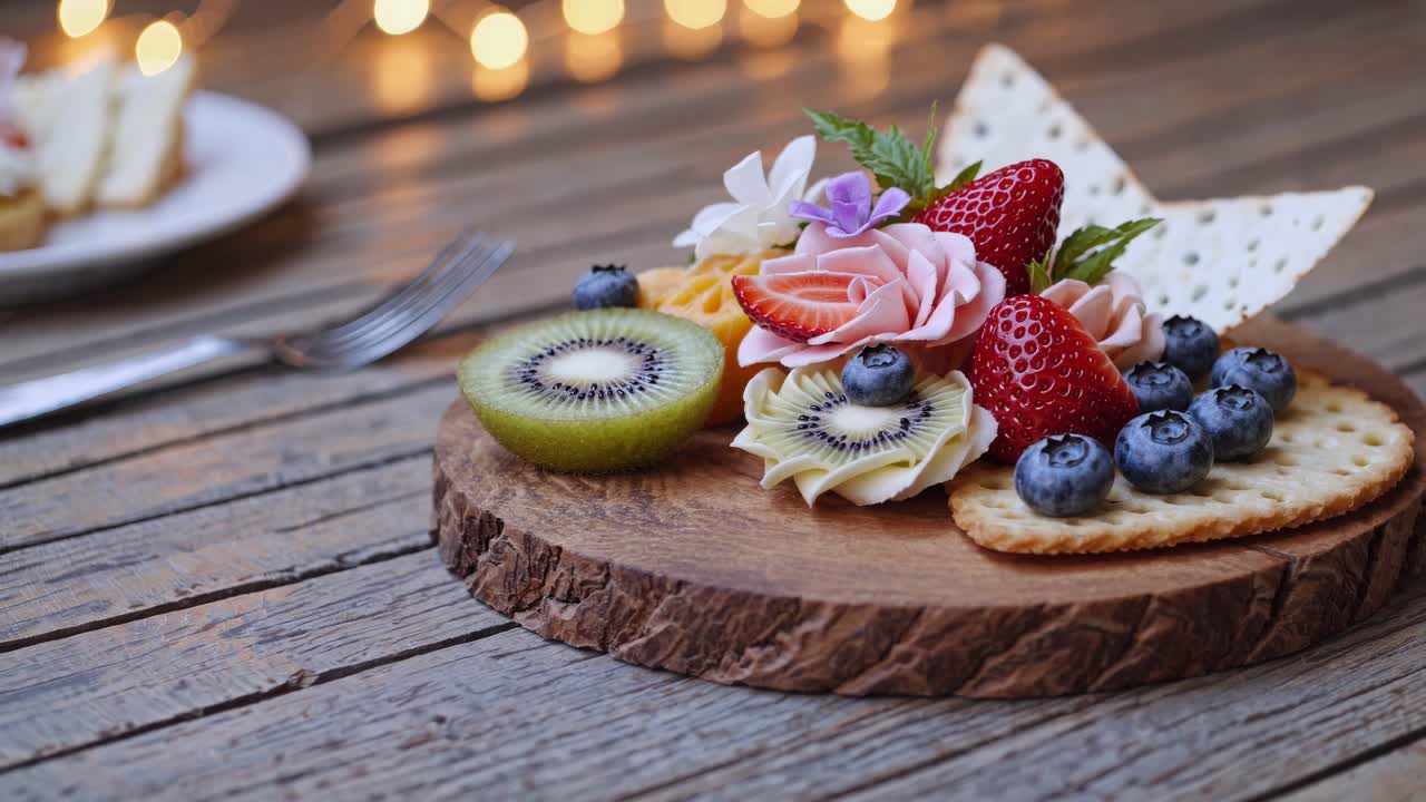 A close-up, angled shot of a rustic wooden platter with vibrant fruits and crackers, styled