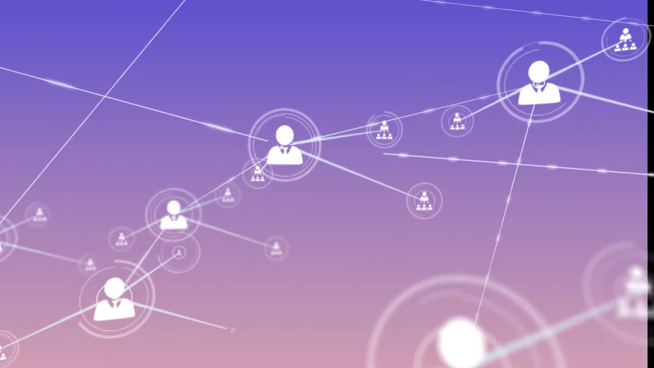 디지털 인간 아이콘의 애니메이션이 다채로운 배경 위에 움직이고 네트워크를 형성합니다.