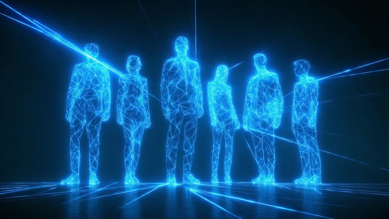 A group of holographic figures represented in blue neon light, standing together against a dark background, showcasing a futuristic digital concept of connection, unity, and technology through stylized holography