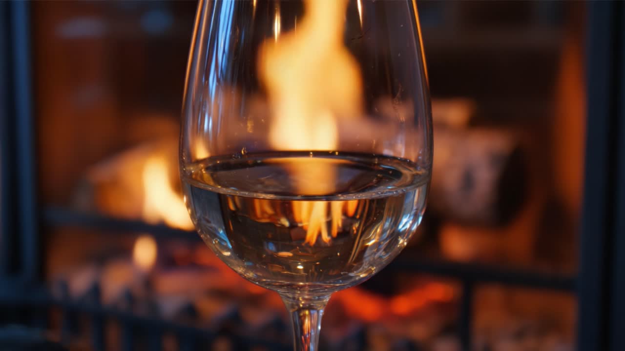A Beautiful Glass of Clear Wine Reflecting the Warm Glow of a Cozy Fireplace, Capturing the Essence of Comfort and Relaxation in a Serene Atmosphere