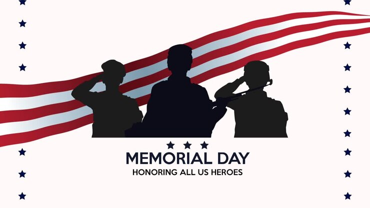 happy memorial day scritte con la silhouette dei soldati e la bandiera degli stati uniti